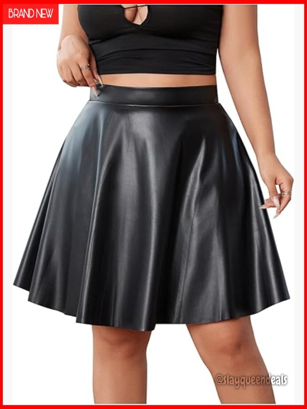 Plus Size High Waist Pleated Mini Skirt PU Leather A-Line Skater